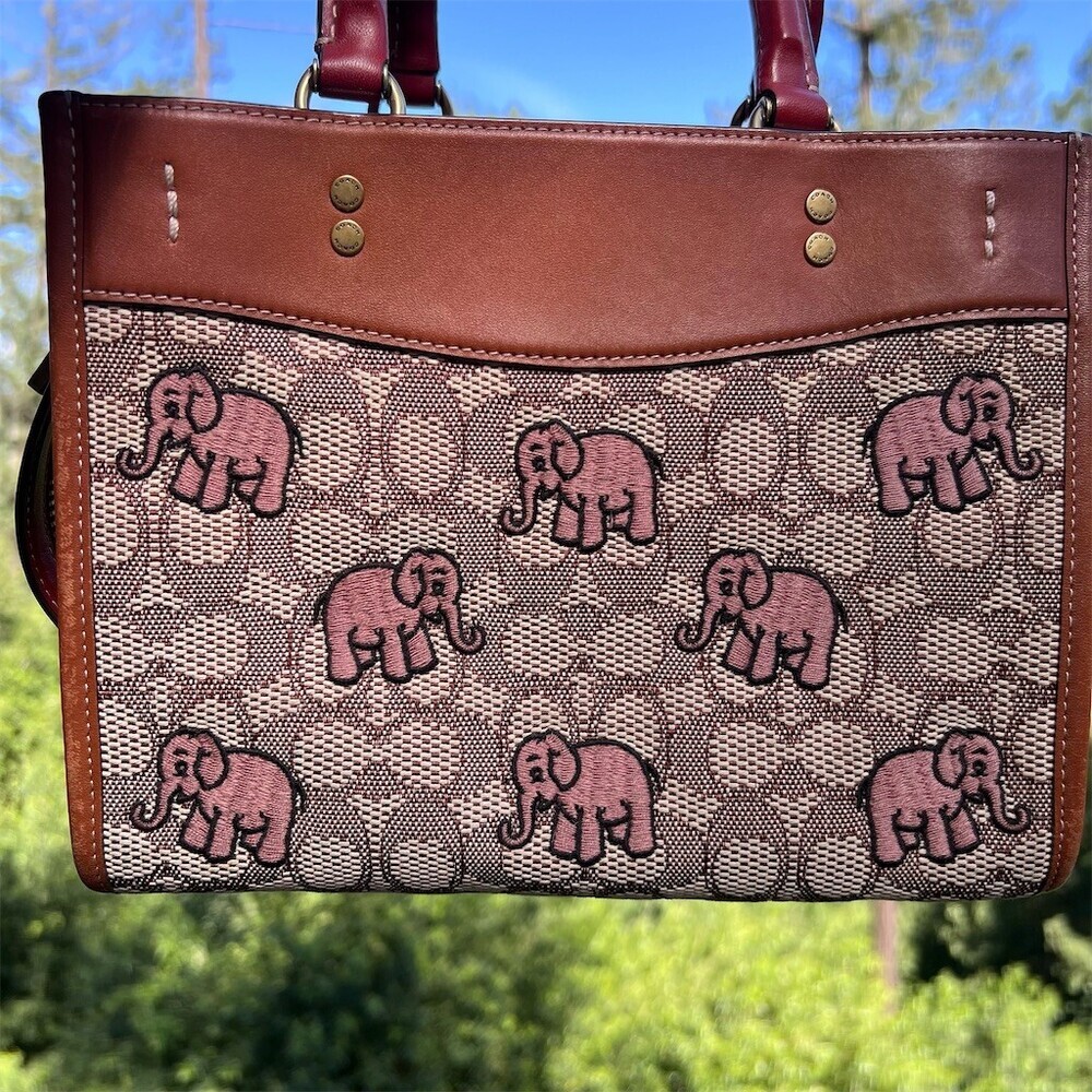 COACH Rogue 25 Signature Textile Jacquard w Embroidered Pink Elephants Handbag - Picture 10 of 16